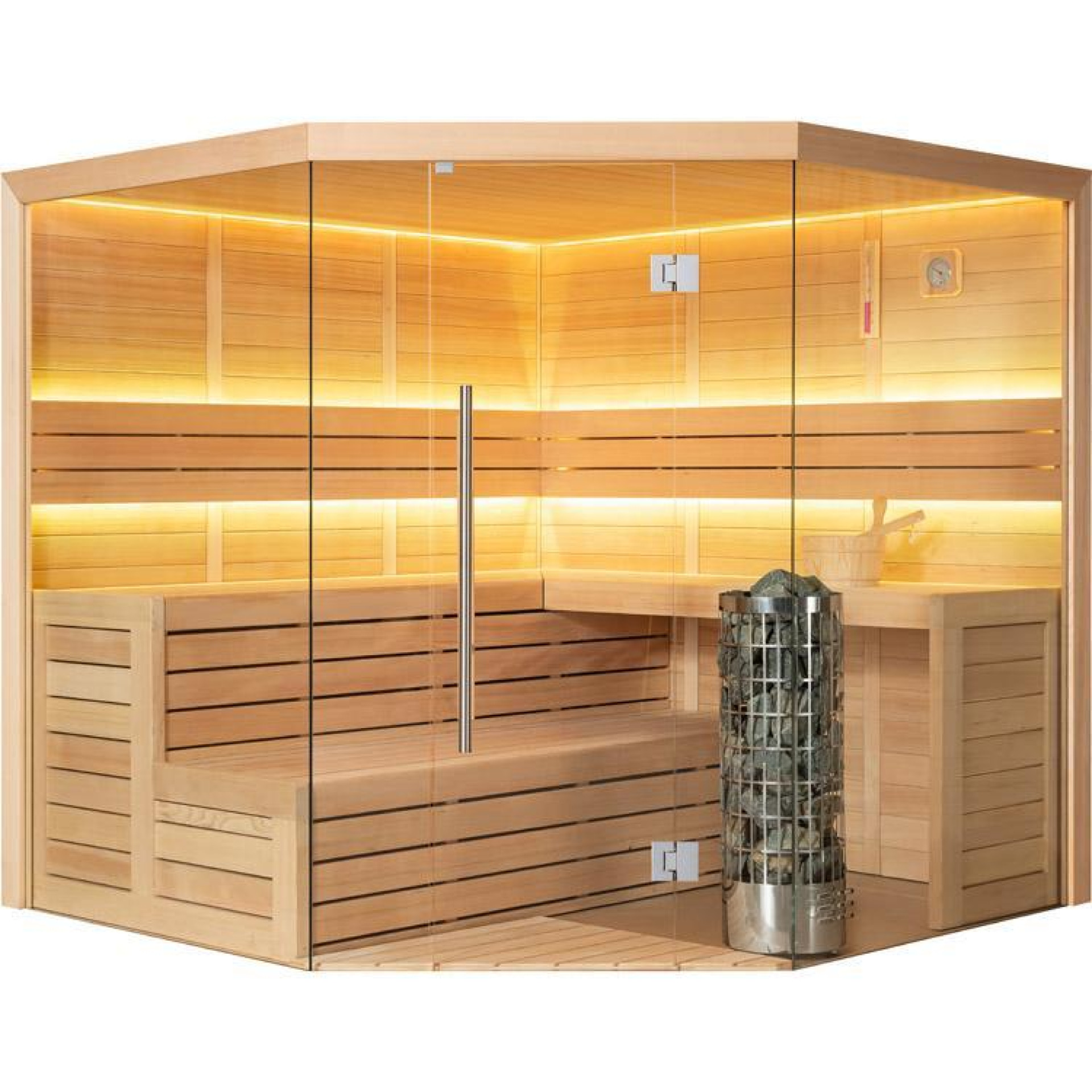 Hoofdafbeelding: Finse Sauna | XL | Hemlock | 220x220 | 9kW Cilindro | LRE2S