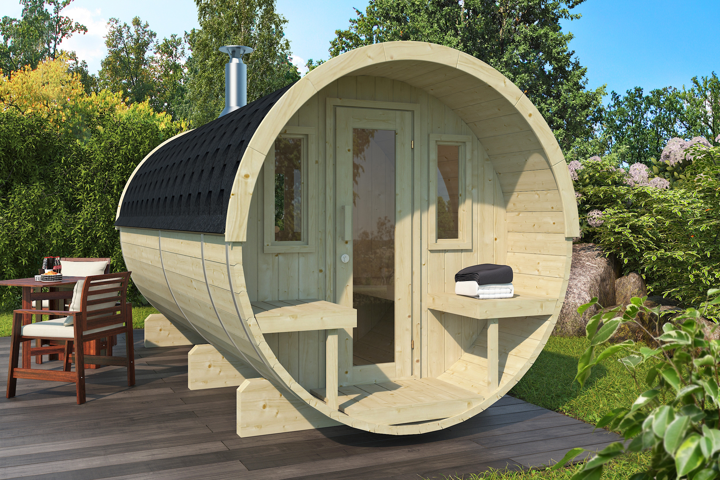 Hoofdafbeelding: Sauna Barrel Spreewoud | Vurenhout | 204x204x400 | Zonder saunakachel | 8865585