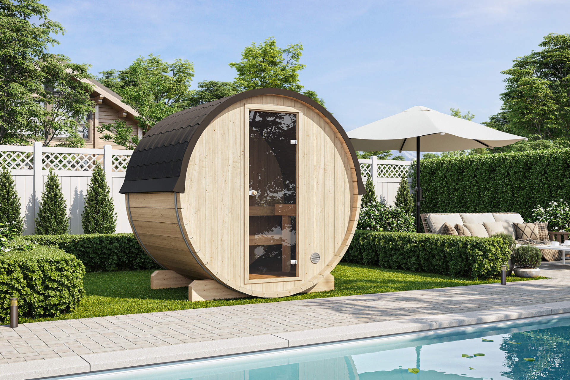 Sauna Barrel Terras | Vurenhout | 204x204x160 | Zonder saunakachel | 8865512