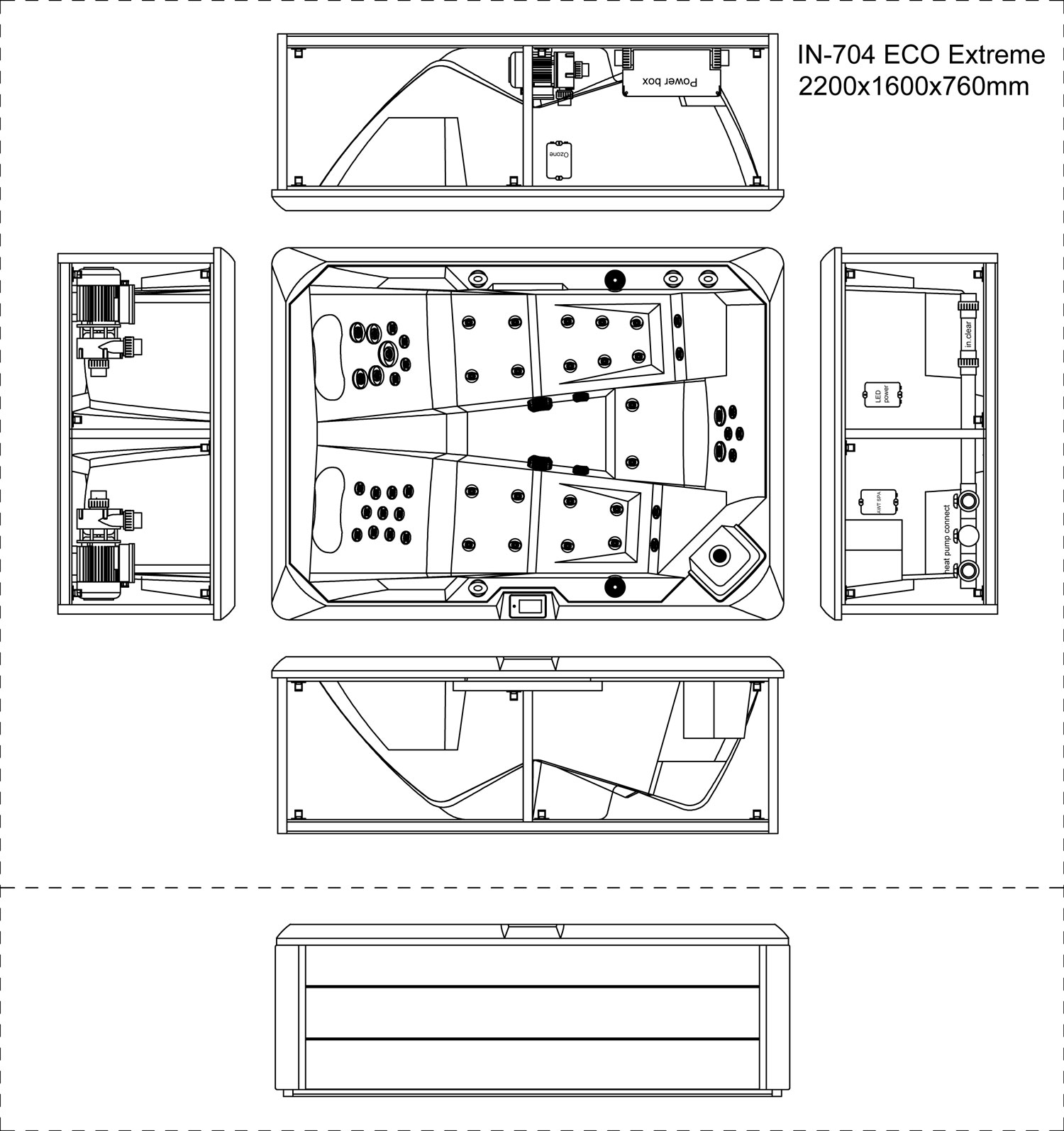 Technische tekening van een whirlpool model IN-704 ECO Extreme met afmetingen 2200x1600x760 mm.