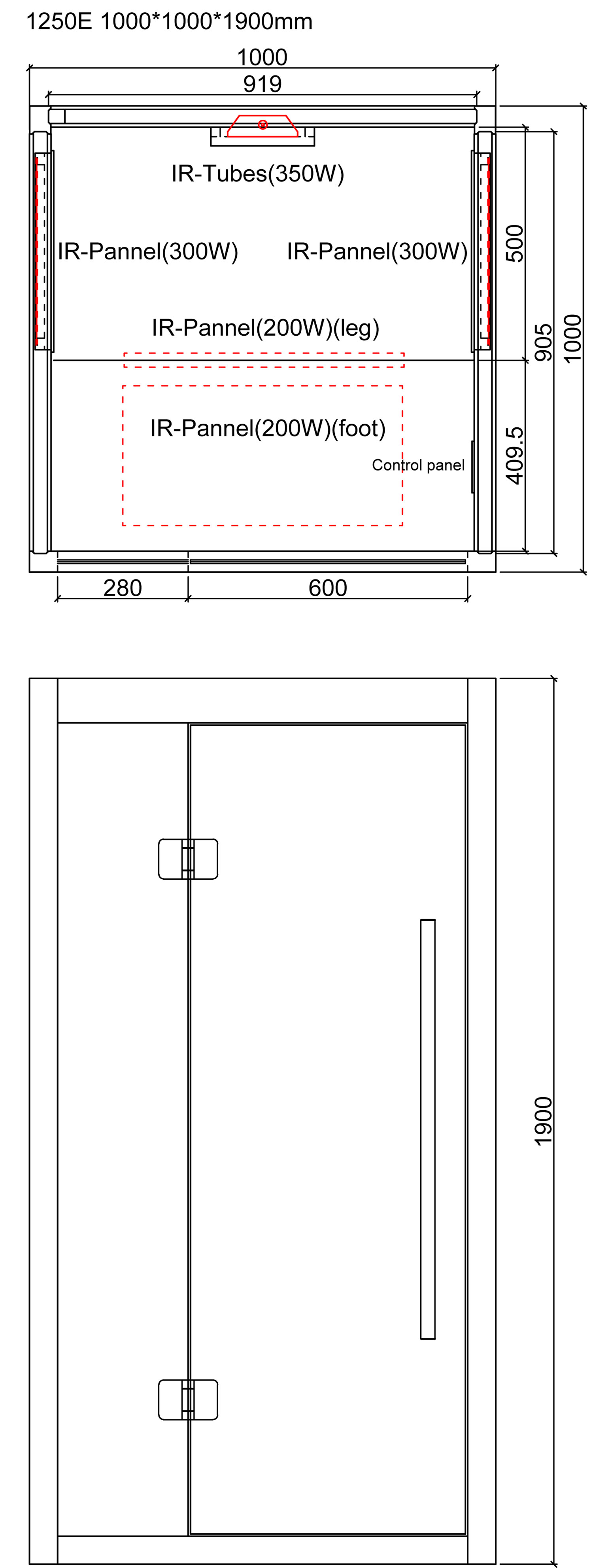 Technische tekening van een sauna met IR panelen en buizen, afmetingen en specificaties bedieningspaneel Afmetingen 1000x1000