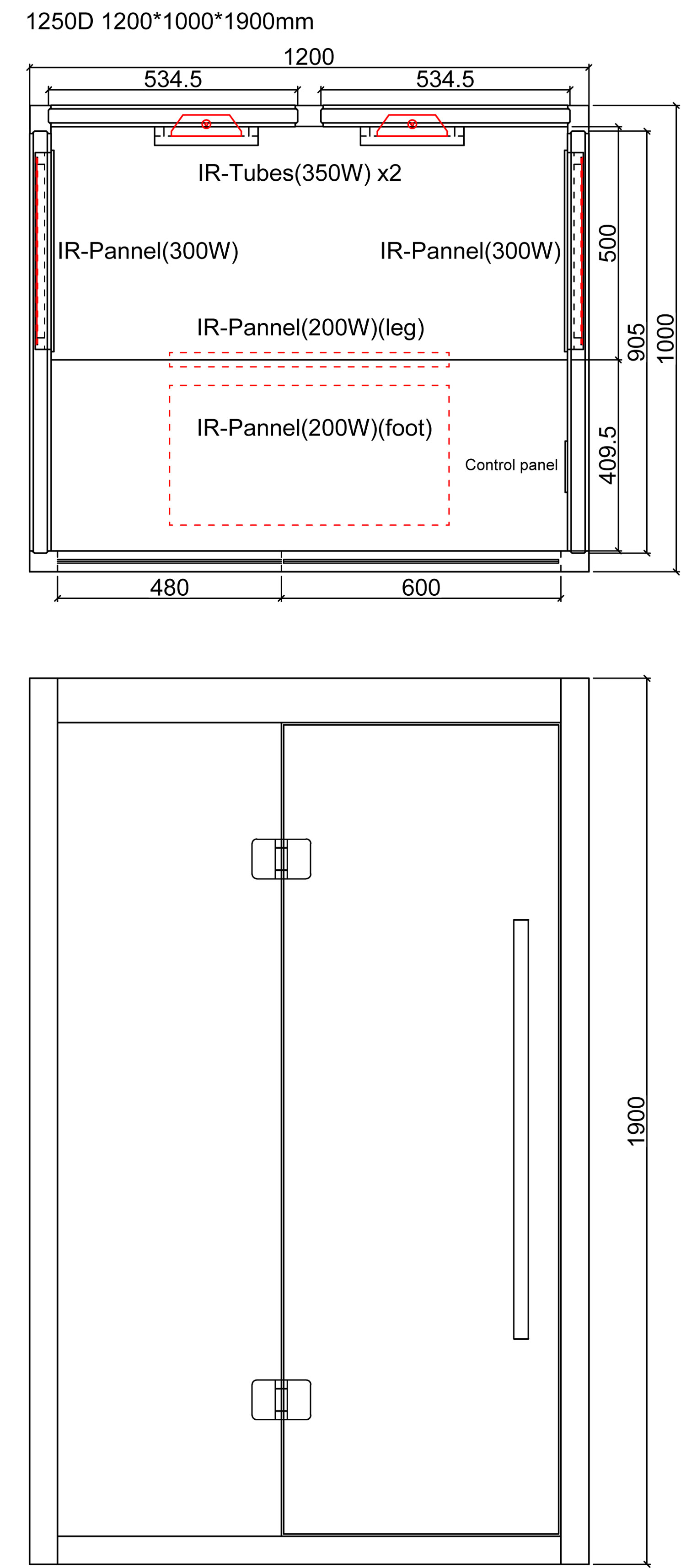 Technische tekening van een sauna met IR panelen en buizen, afmetingen en specificatie bedieningspaneel 1200x1000x1900mm