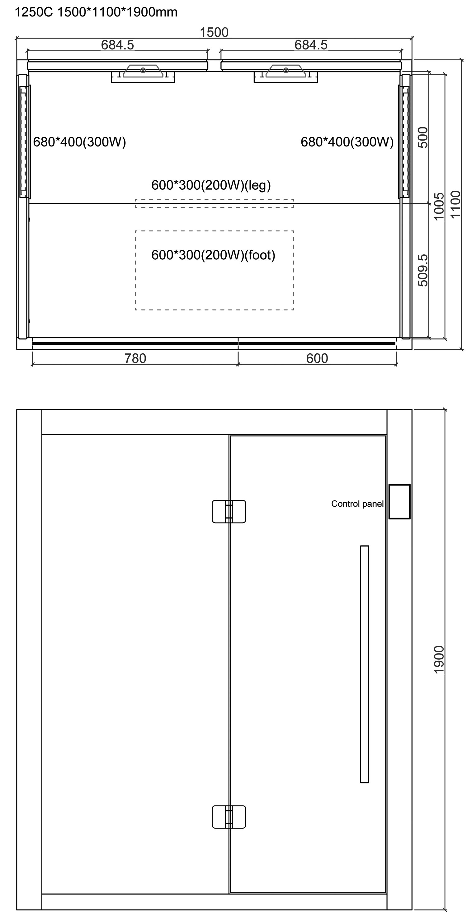Technische tekening van een kast, detailweergave van de verwarmingselementen en bedieningselementen, afmetingen: 1500x1100x19