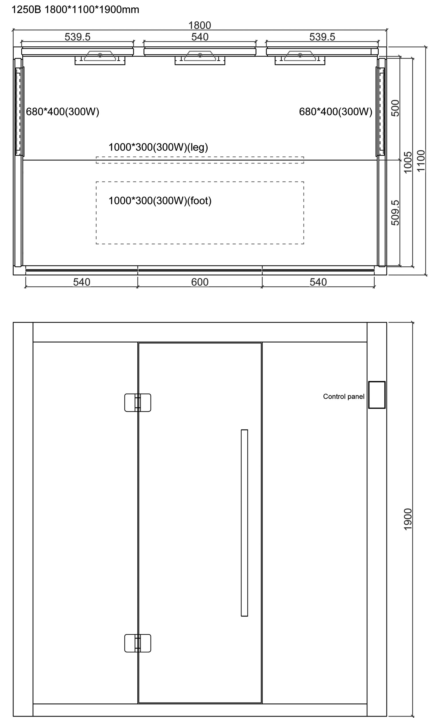 Technische tekening van een kast, detailweergave van de verwarmingselementen en bedieningselementen, afmetingen: 1800x1100x19