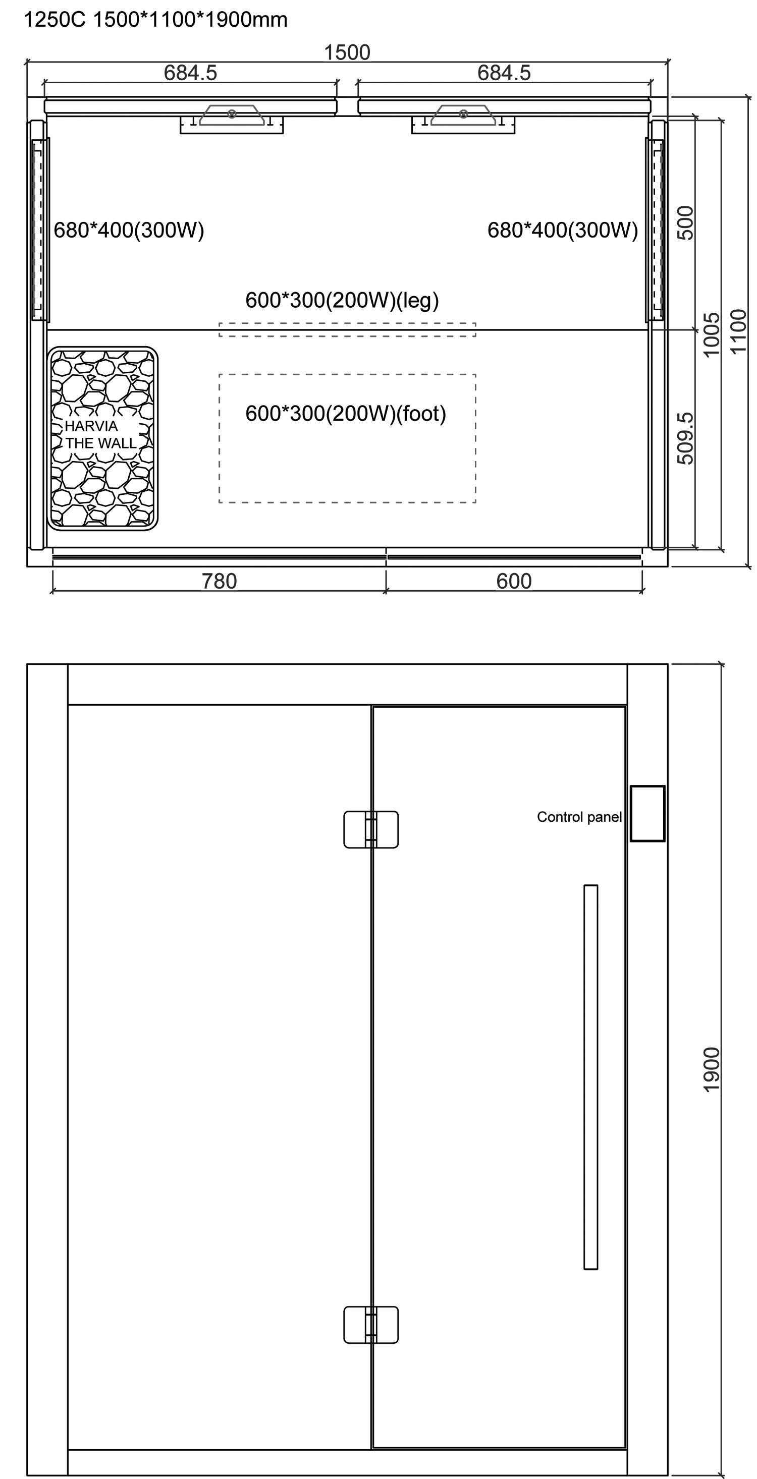 Technische tekening van een sauna met afmetingen 1500x1100x1900mm en verwarmingselementen, bovenaanzicht en vooraanzicht.