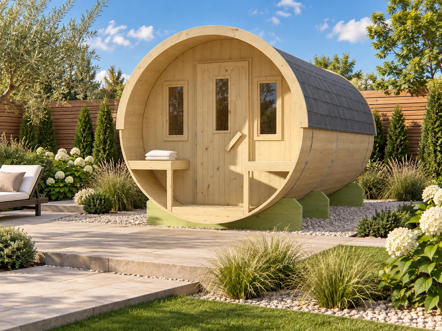 Barrel sauna | Vurenhout | 120x355 | Zonder kachel | W7WPBA galerijafbeelding 1