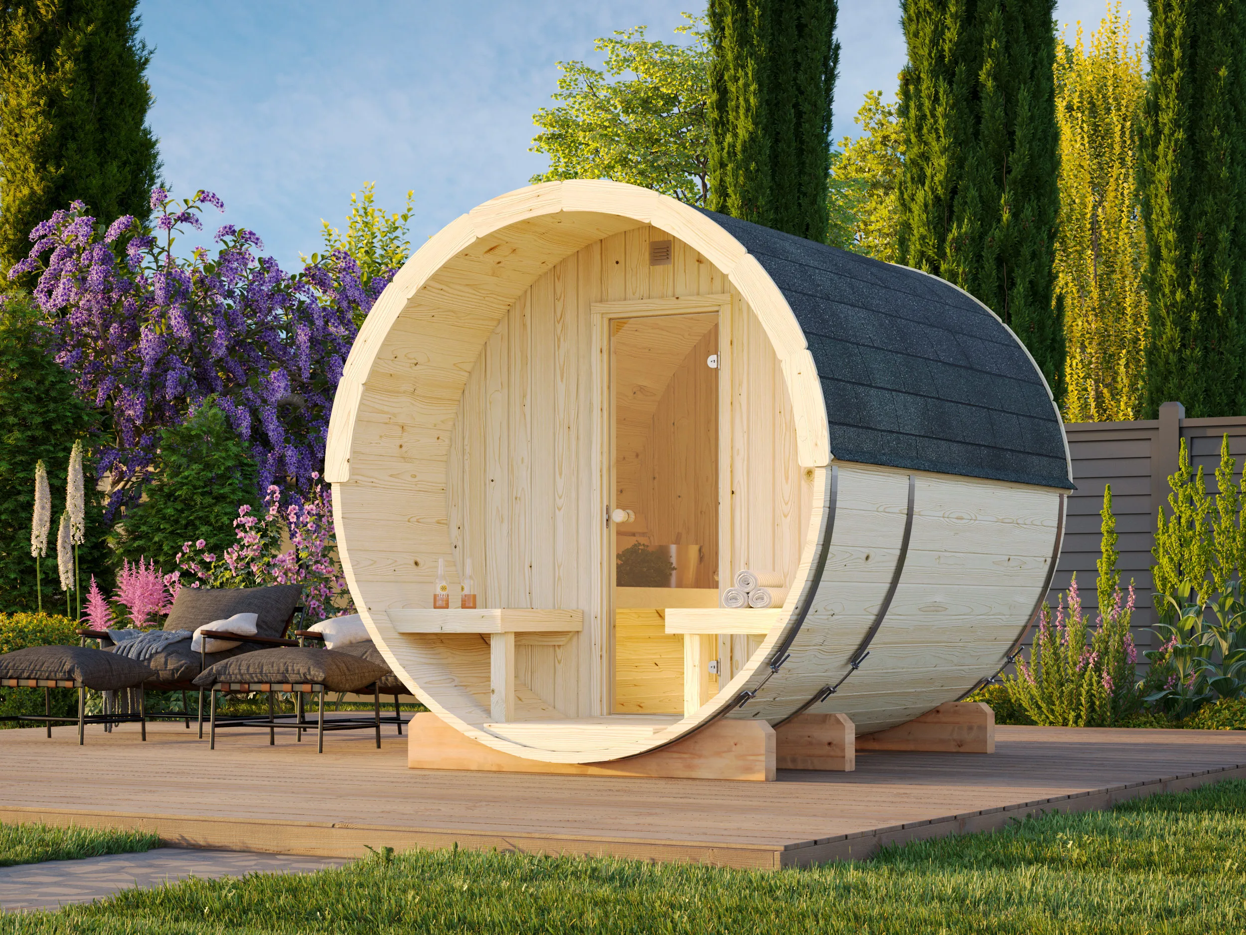 Barrel sauna | Vurenhout | Beschermrooster voor kachel van espen | SWPR71 galerijafbeelding 1