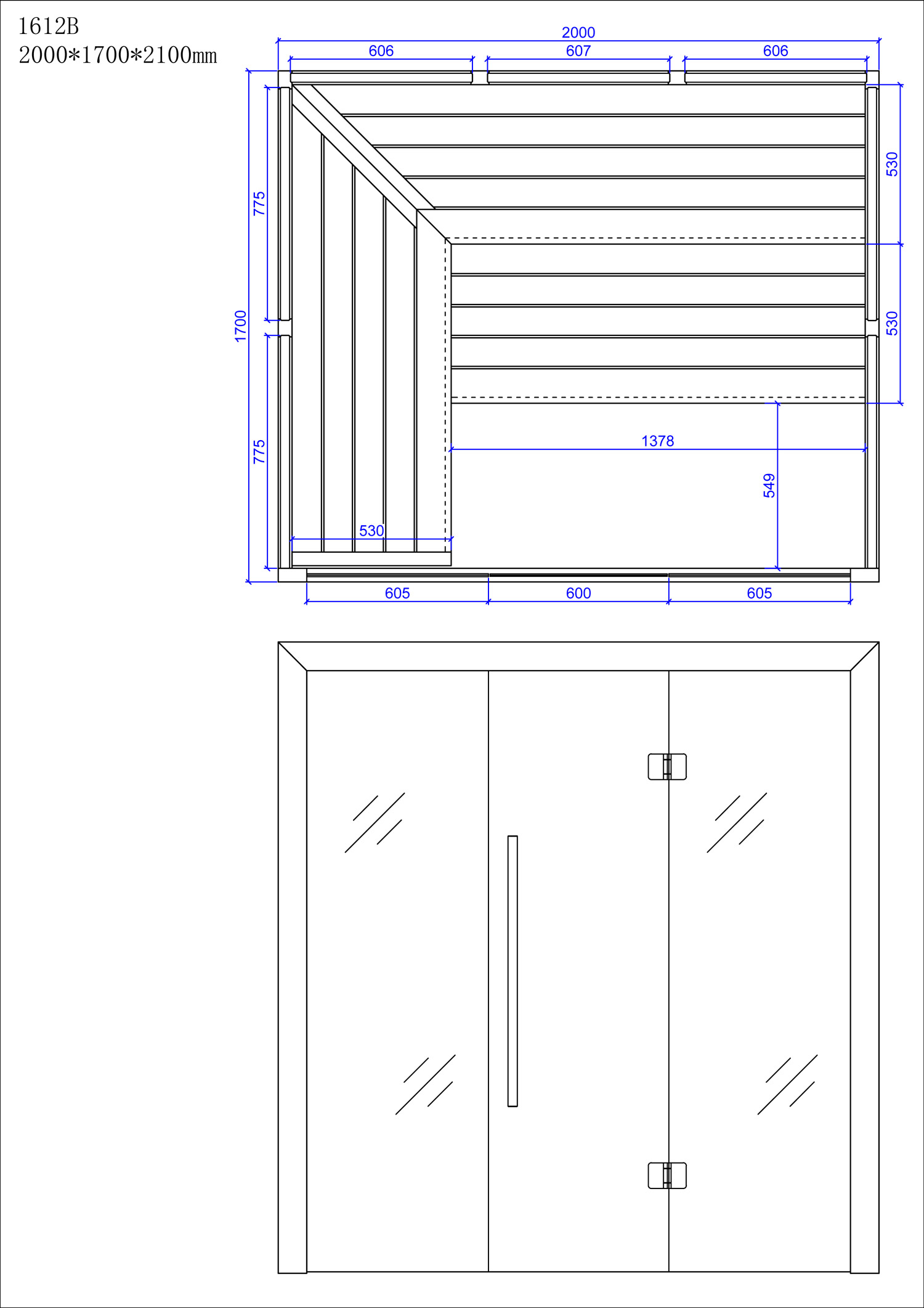 Technische tekening van een douchewand met exacte afmetingen 2000x1700x2100mm, bovenaanzicht en vooraanzicht.
