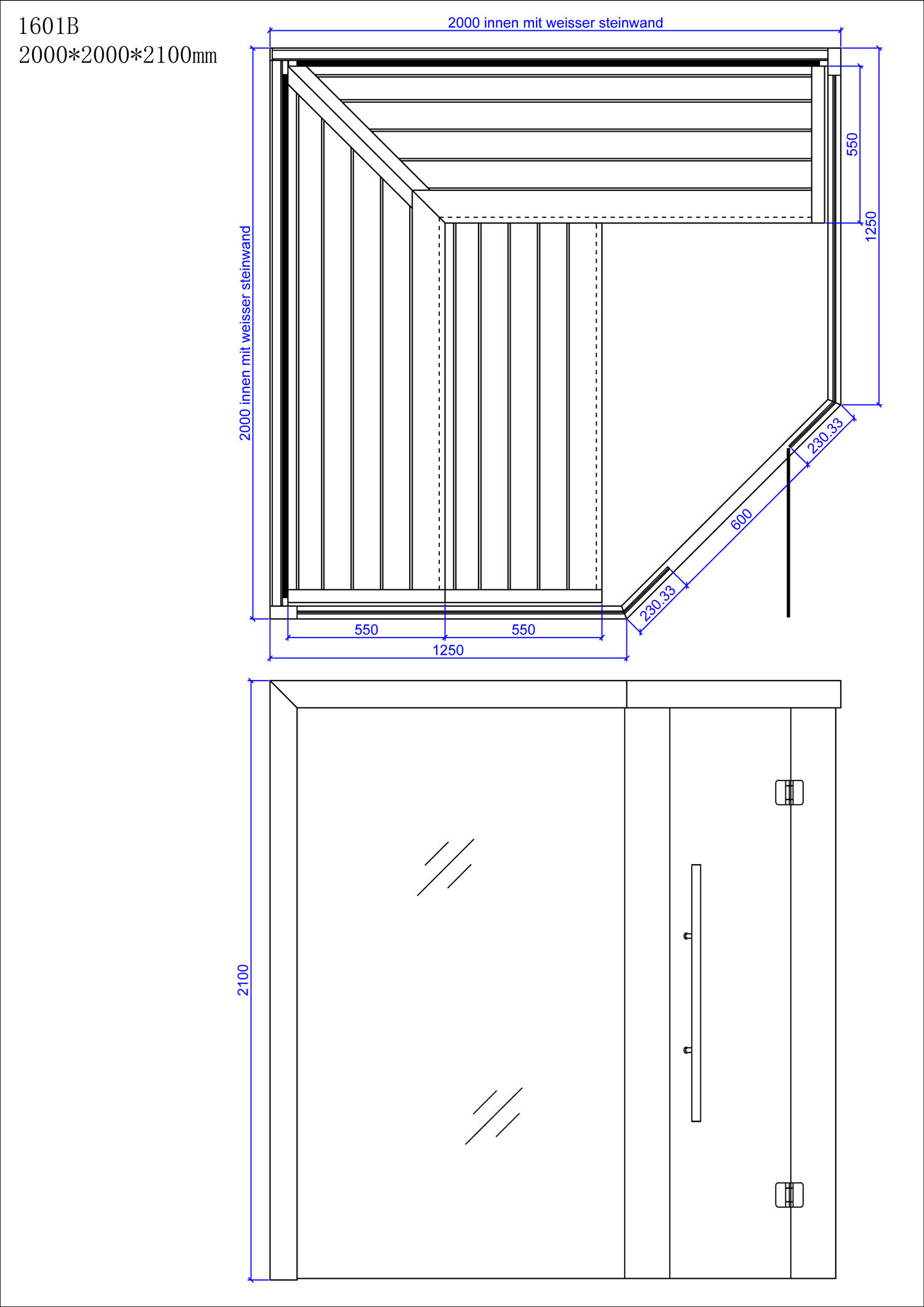 Technische tekening van een rechthoekige ruimte van 2000x2000x2100 mm, inclusief details van het plafond.
