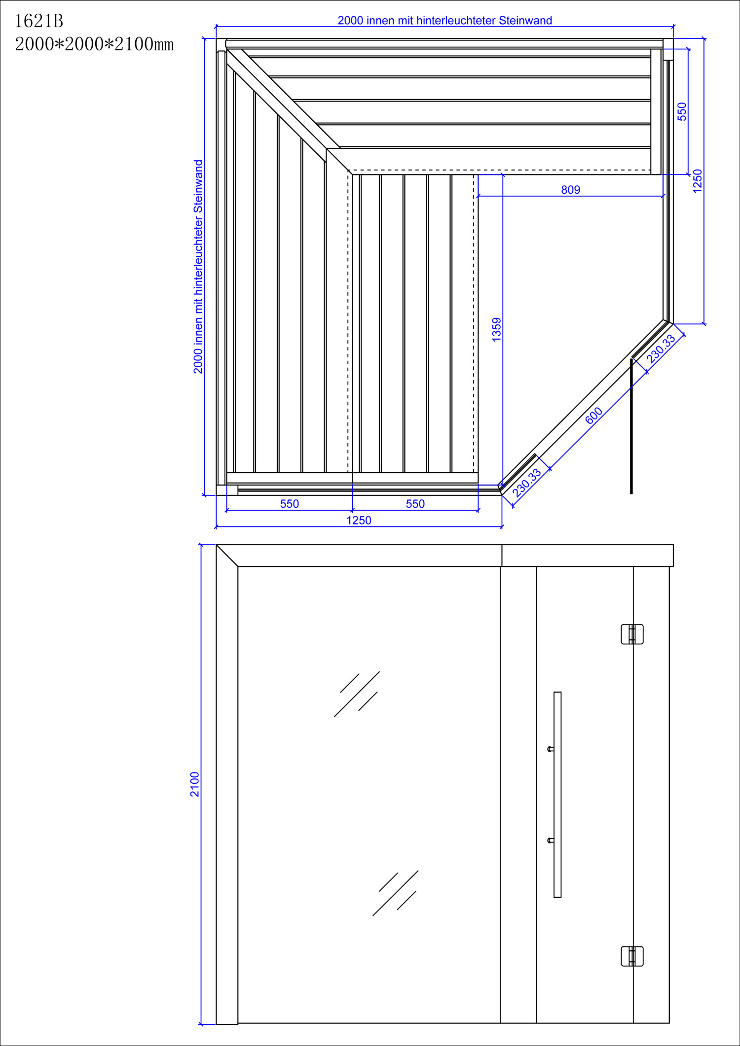 Technische tekening van de sauna met glazen front en details van afmetingen 2000x2000x2100mm en structuren.