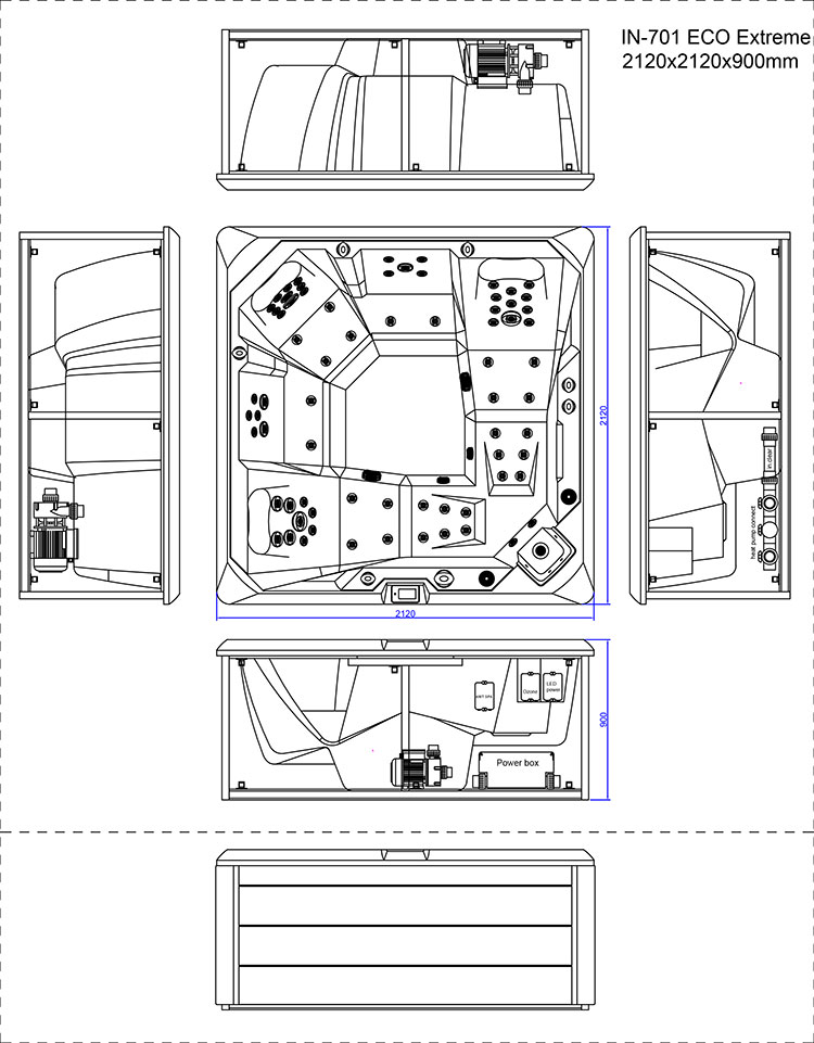 Technische tekening van een zeshoekige whirlpool met zitplaatsen en jets, bovenaanzicht en zijaanzicht.