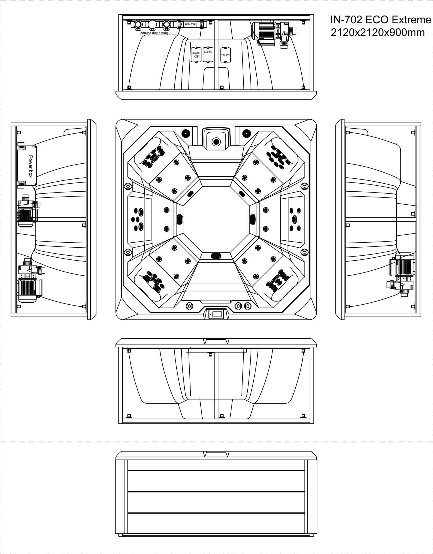 Technische tekening van een zeshoekige whirlpool met verschillende aanzichten en beschrijvingen van de onderdelen.