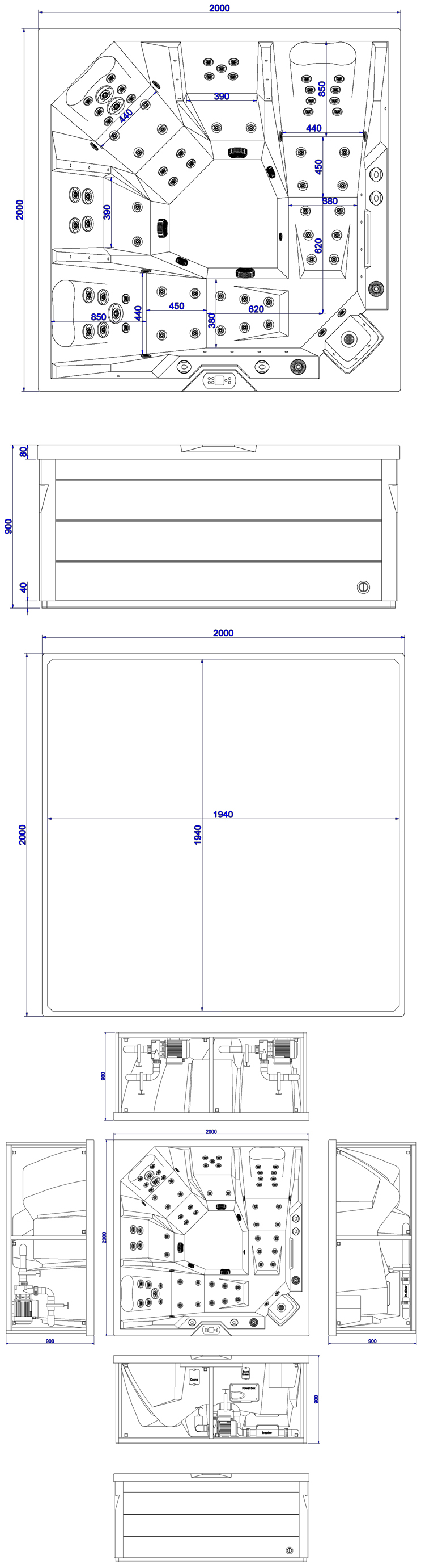 Technische tekening whirlpool met afmetingen 2000x2000x900mm en technisch interieur
