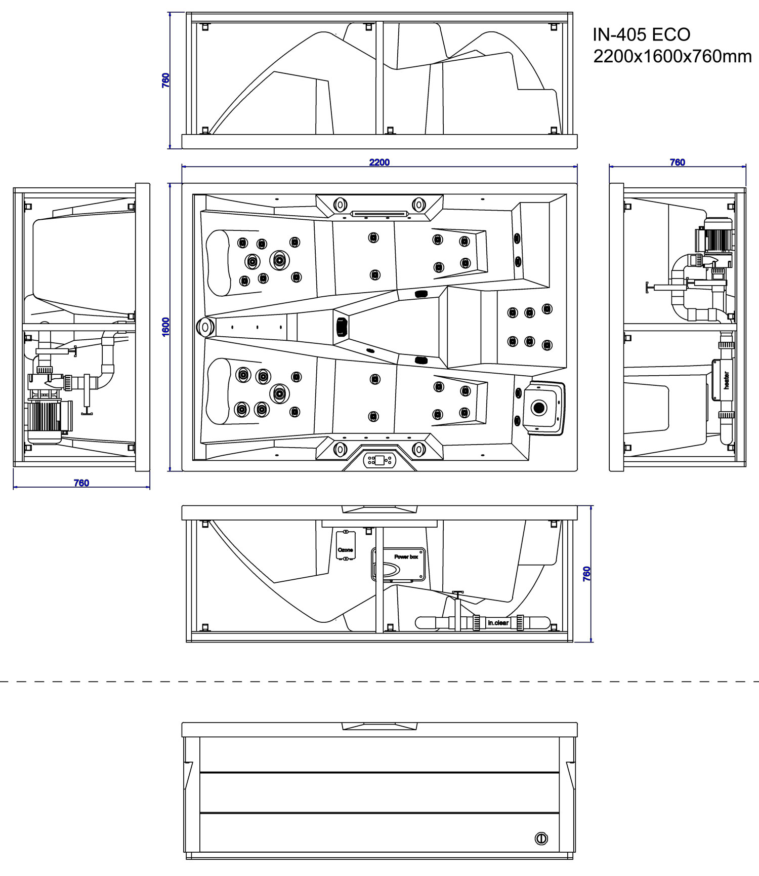 Technische tekening van een whirlpool met afmetingen 2200x1600x760mm in verschillende aanzichten.