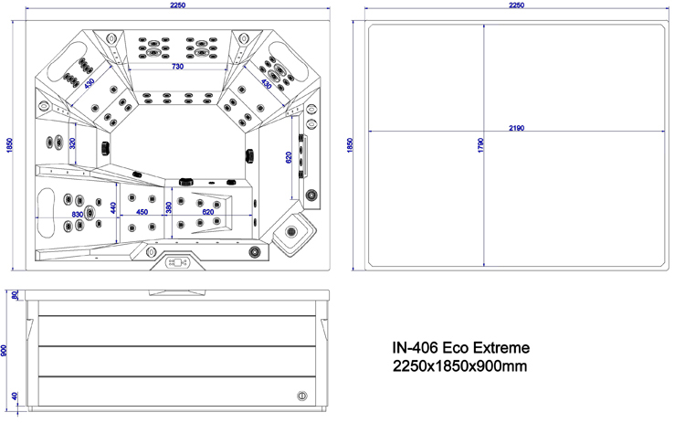 Technische tekening van een whirlpool, model IN-406 Eco Extreme, afmetingen 2250x1850x900 mm.