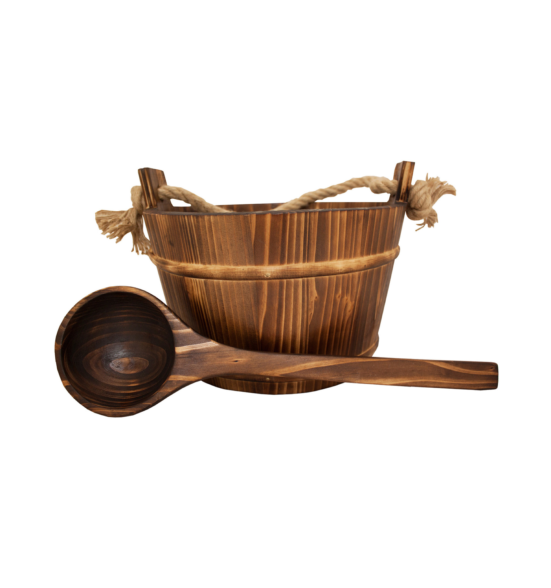 Sauna set hout. Emmer met kunststof inzetbak en lepel. 3 Liter