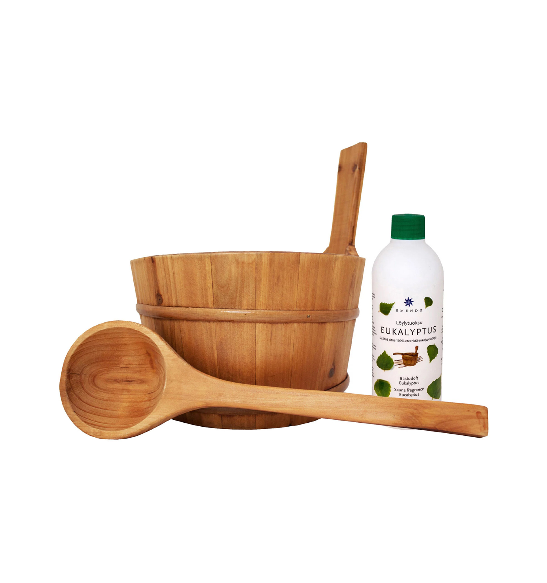 Saunaset - Houten gelakte sauna emmer 3 liter met kunsstof inzetbak, lepel en saunageur Eucalyptus 500ml